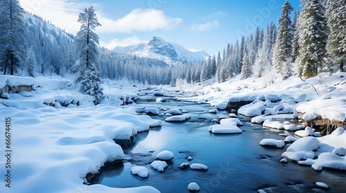 Landscape of winter mountain with river in national park
