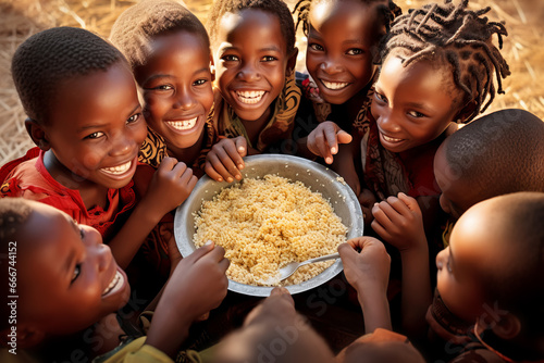 Group of African children eat meager food with their hands from a large metal plate photo