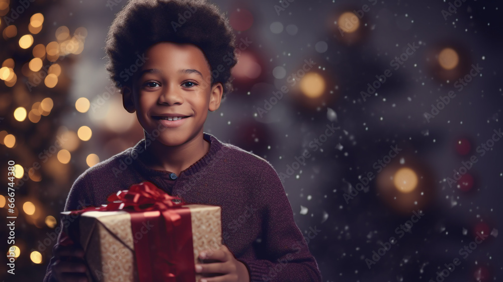 christmas magic - afro american child and christmas gifts, the child beaming happily, with festive bokeh of an illuminated Christmas tree in the background