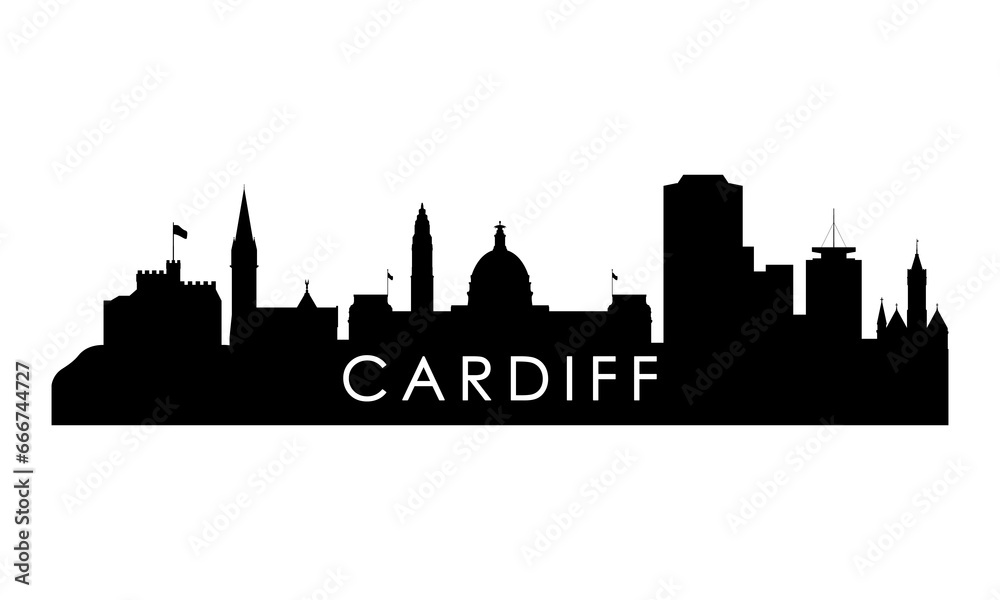 Cardiff skyline silhouette. Black Cardiff city design isolated on white background.