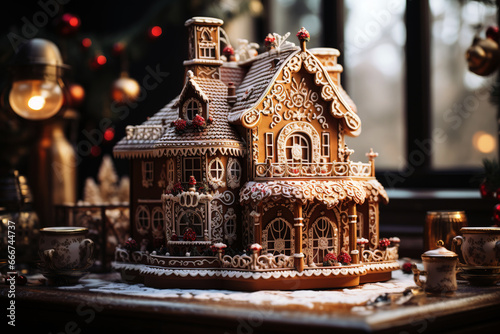 Christmas gingerbread house. Christmas card. Christmas Holidays Concept. Generative AI © AnaIsabel