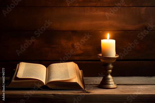 Libro religioso abierto encima de una mesa con una vela encendida al lado.