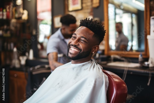 Black man sitting at a barbershop getting haircut smiling photo