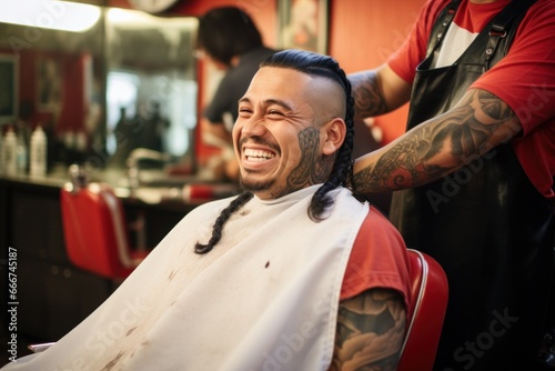 Hispanic man sitting at a barbershop getting haircut smiling photo