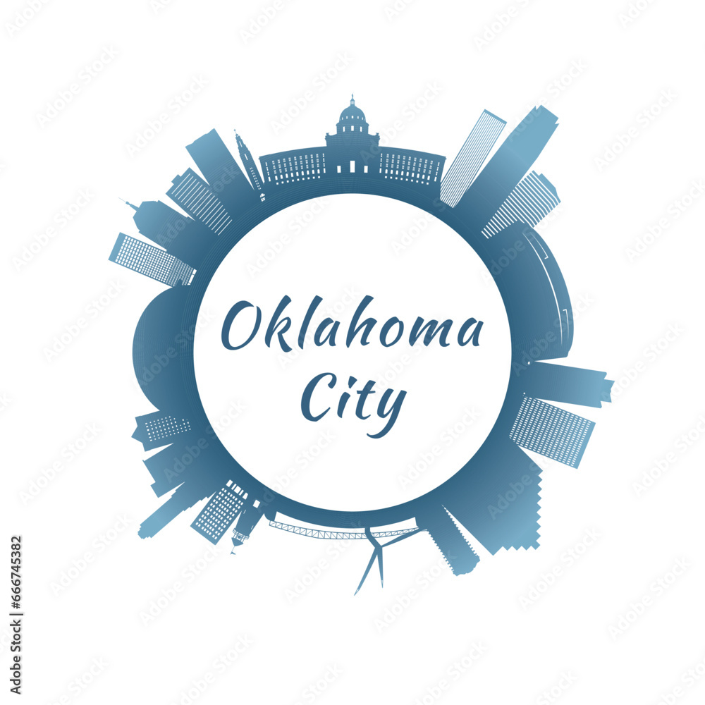 Oklahoma City skyline with colorful buildings. Circular style. Stock vector illustration.