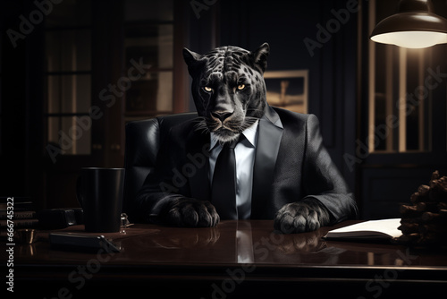 Leopard Boss. Wild Cat in business suite sitting at boss chair. Working at office. Dark Environment. Dramatic Lighting.