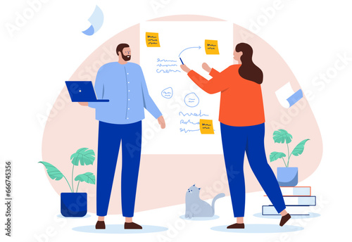 Workshop working - People in business meeting writing on whiteboard with sticky notes and marker. Research gaining insight and planning concept in flat design vector illustration with white background