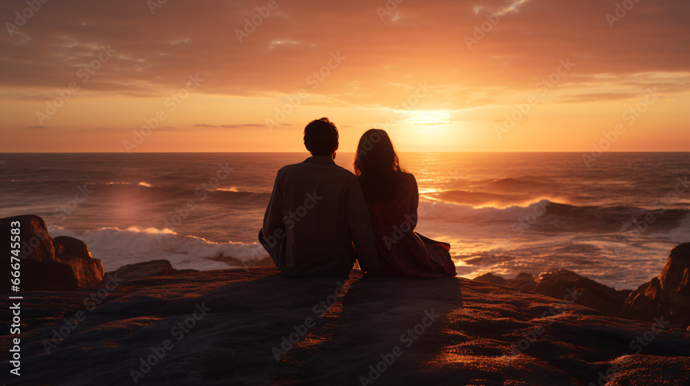 A picturesque pic portraying joyous satisfaction, as two people hug affectionately while surveying the sunrise beyond the sea. A picturesque pic portraying joyous satisfaction, as two people hug affectionately while surveying the sunrise beyond the sea.