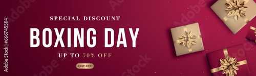 Boxing day Sale promotion banner. Special discount 70%. Shopping template for Boxing Day. Realistic red and gold gift boxes.