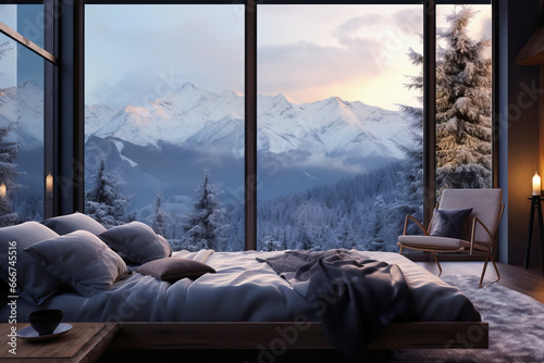 Panoramic view from a stylish modern bedroom to winter snowy mountains at sunrise © colnihko
