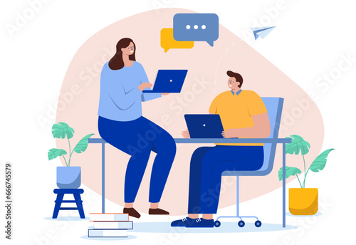 Office workers talking together - Relaxed man and woman in casual clothes working together talking and having conversation up close. Flat design vector illustration with white background