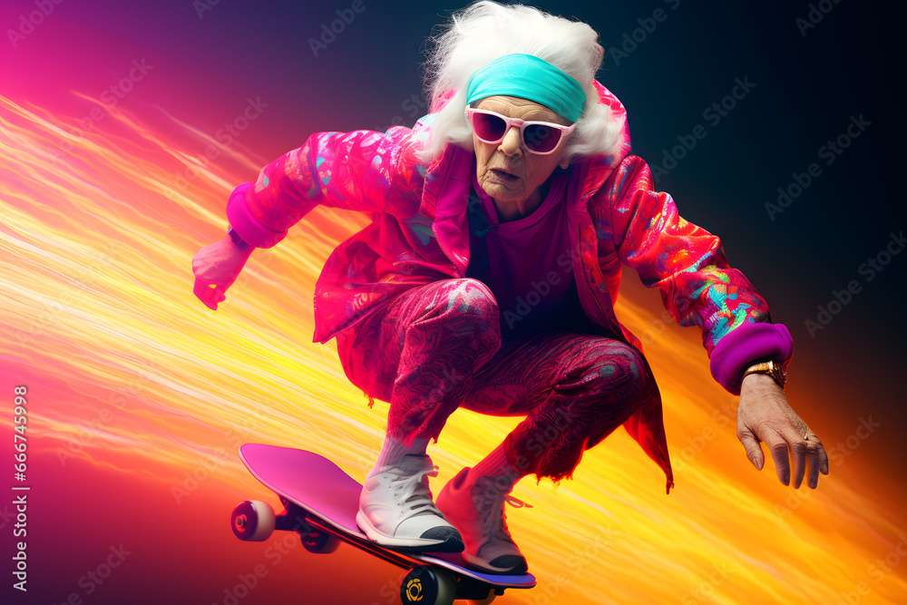 Cool elderly woman dressed in casual riding skateboard