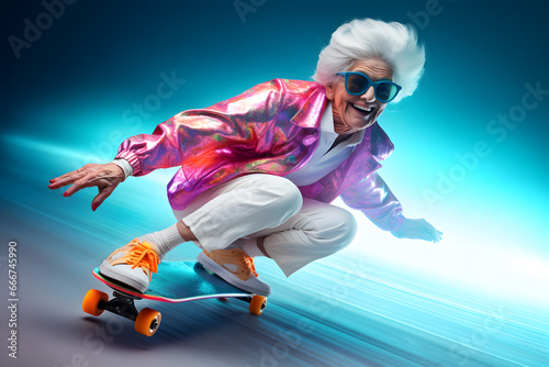 Cool elderly woman dressed in casual riding skateboard