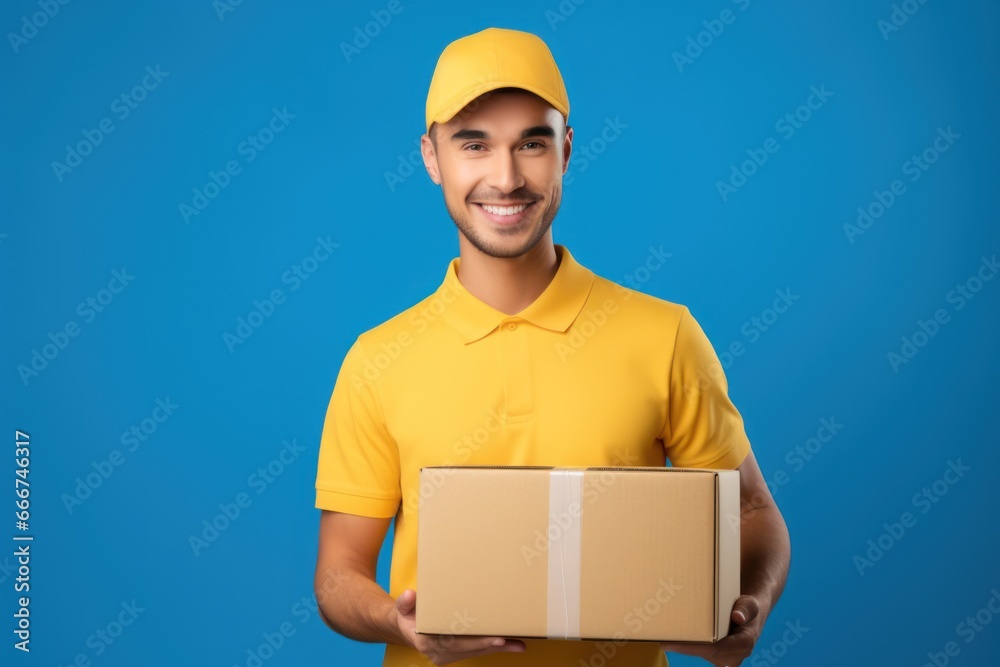 delivery man in a yellow uniform holding a box standing in front of an isolated on a blue background