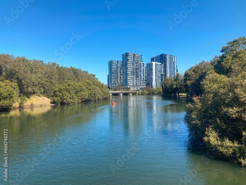 Photography Wolli Creek river looking at the apartments at Wolli Creek the suburb
