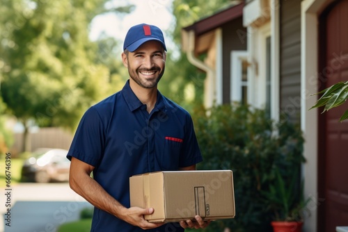 A cheerful delivery man in a blue uniform holding a cardboard box standing in front of a customer's home. © inthasone