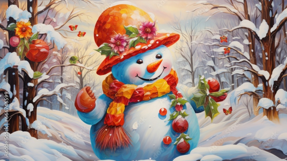 A painting of a snowman wearing a hat and scarf