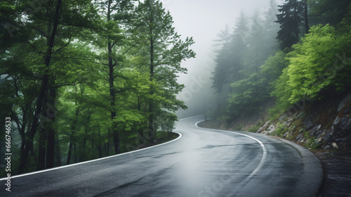 An enchanting mountain road gracefully meandering through a rainy forest.