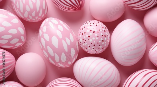 Pattern of pink and white Easter eggs over pink background, copy space, 16:9
