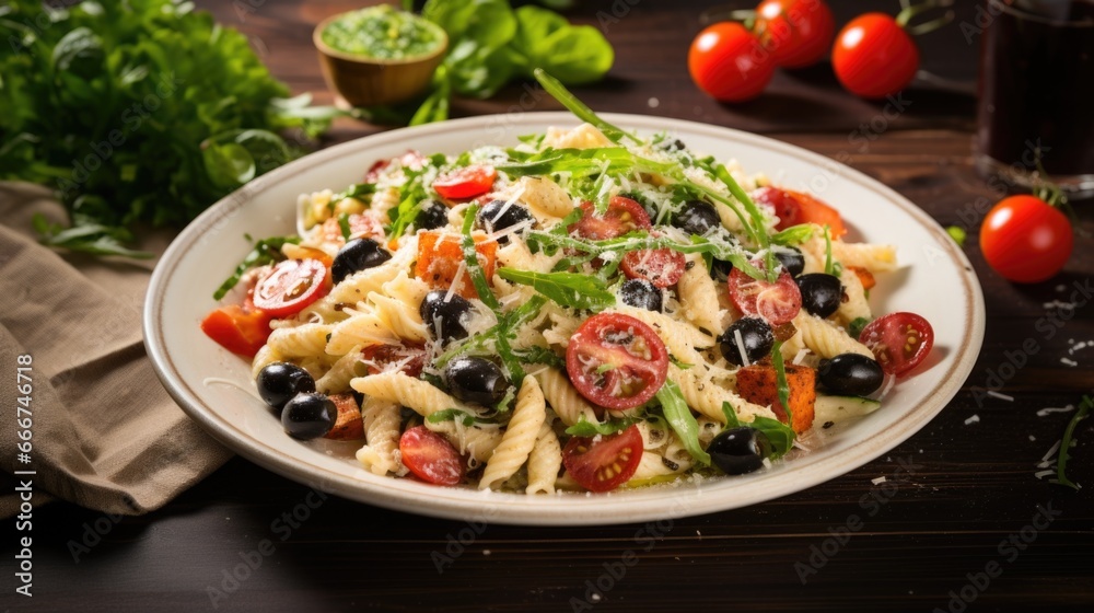 A plate of pasta with tomatoes, black olives, and arugula