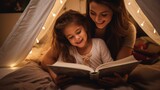 Happy young caucasian mom holding book reading stories to cute small mixed race child daughter in bed, 16:9, copy space