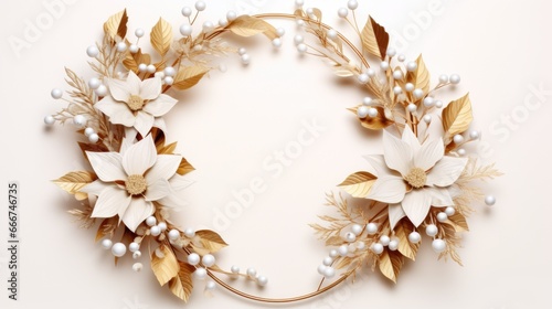 A wreath of white flowers and gold leaves