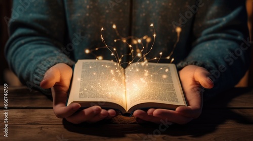 A person holding an open book with lights coming out of it