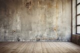 A vintage room with a weathered concrete wall and wooden floor. Generative AI