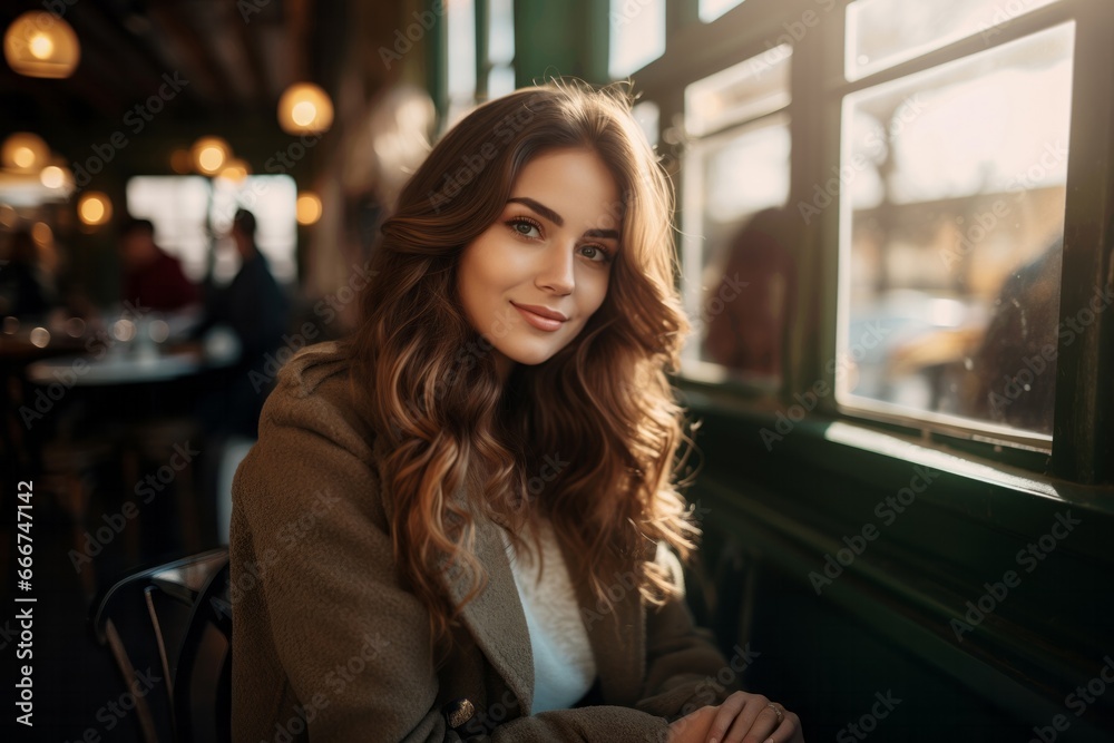 A smiling woman sitting by a window in a cozy restaurant A smiling woman sitting by a window in a cozy restaurant