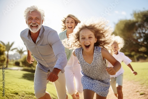 A multi-generation family enjoying summer sunlight, running, smiling and laughing together