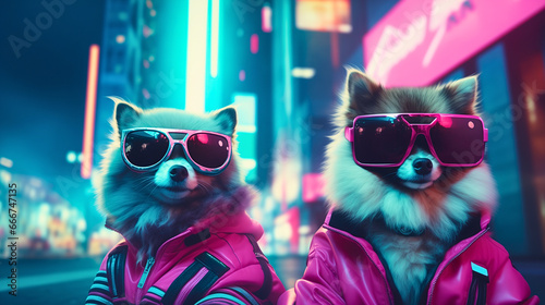 In a neon-lit, cyber-themed landscape, 3D avatars of stylish cats and dogs, and futuristic pet influencers explore the digital pet world in a neon night ambiance with vibrant contrasts. photo