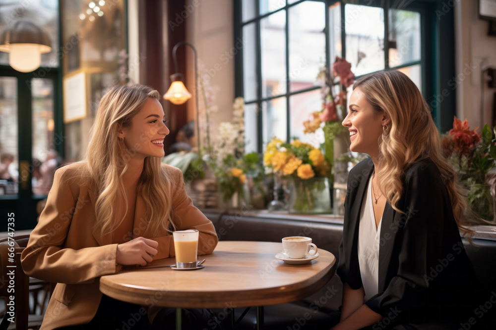 Two young women enjoying a friend's coffee break and conversation at a city cafe