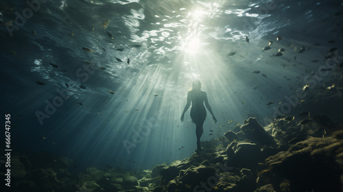 A surreal underwater shot shows an emotion-filled stillness among the chaotic waves  with a solitary swimmer suspended.