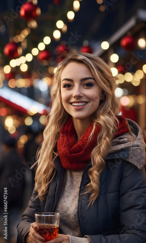 Portrait of a happy young girl drinking a hot drink at the Christmas market