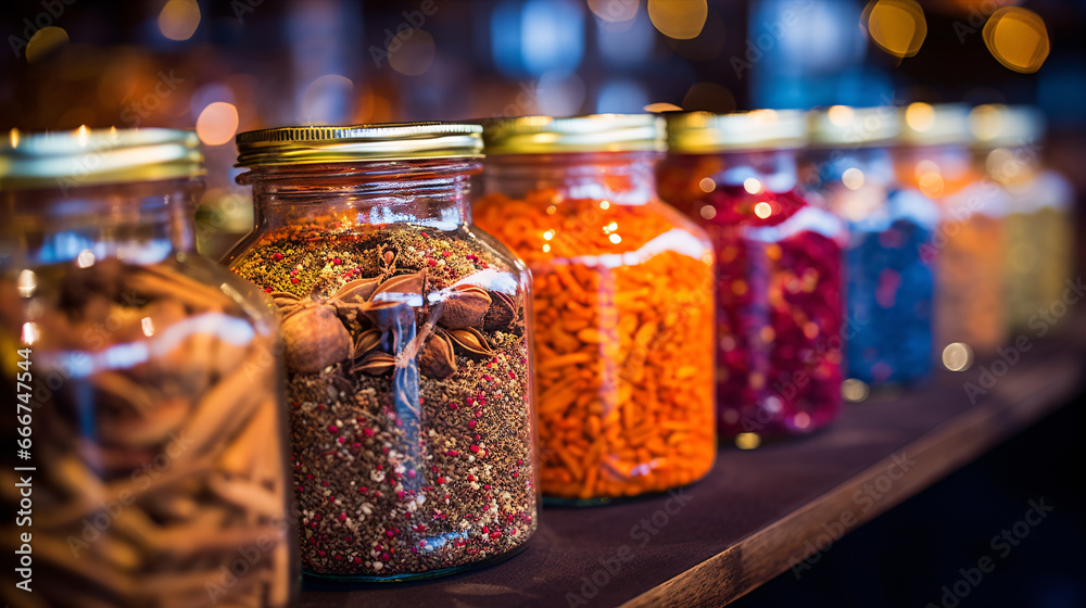 A vivid, textural close-up of colorful spices in glass containers at a spice bazaar.