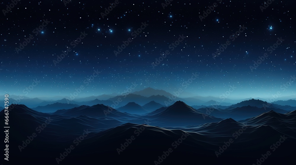 Abstract digital landscape with particles dots and stars on horizon. Wireframe landscape background
