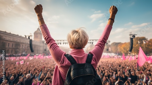 A woman raises her hands in front of a crowd in a campaign to fight breast cancer