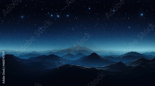 Abstract digital landscape with particles dots and stars on horizon. Wireframe landscape background