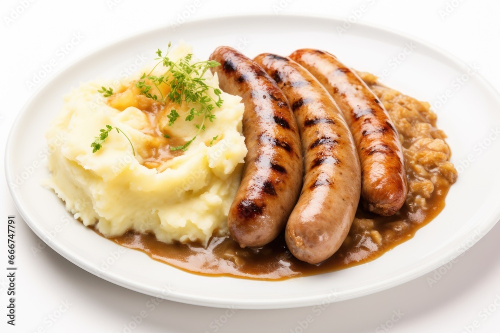 A white plate topped with mashed potatoes and sausages. Photorealistic, on white background