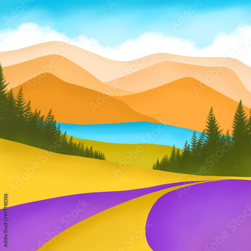 Mountain Pine Forest Landscape Natural View on Blue Sky Graphic Cartoon Wallpaper Background 