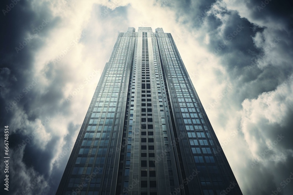 A towering skyscraper adorned with numerous windows, set against a cloudy sky with a few nearby buildings. Generative AI