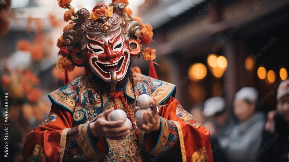 Chinese new year. Man at festival wearing traditional Chinese masked costume