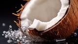 Coconut with splashes of milk on a black background. Healthy Food Concept.. Background with a copy space.