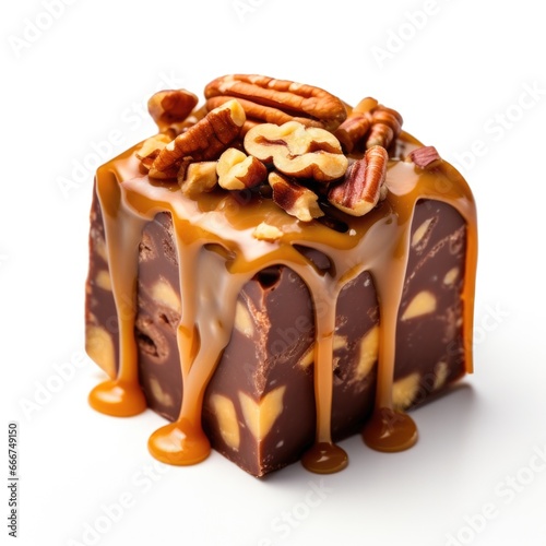 A piece of chocolate cake covered in caramel and pecans. Photorealistic, on white background