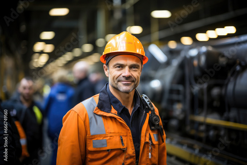 Confident engineer in orange safety vest and helmet, standing in an industrial factory setting with machinery background.