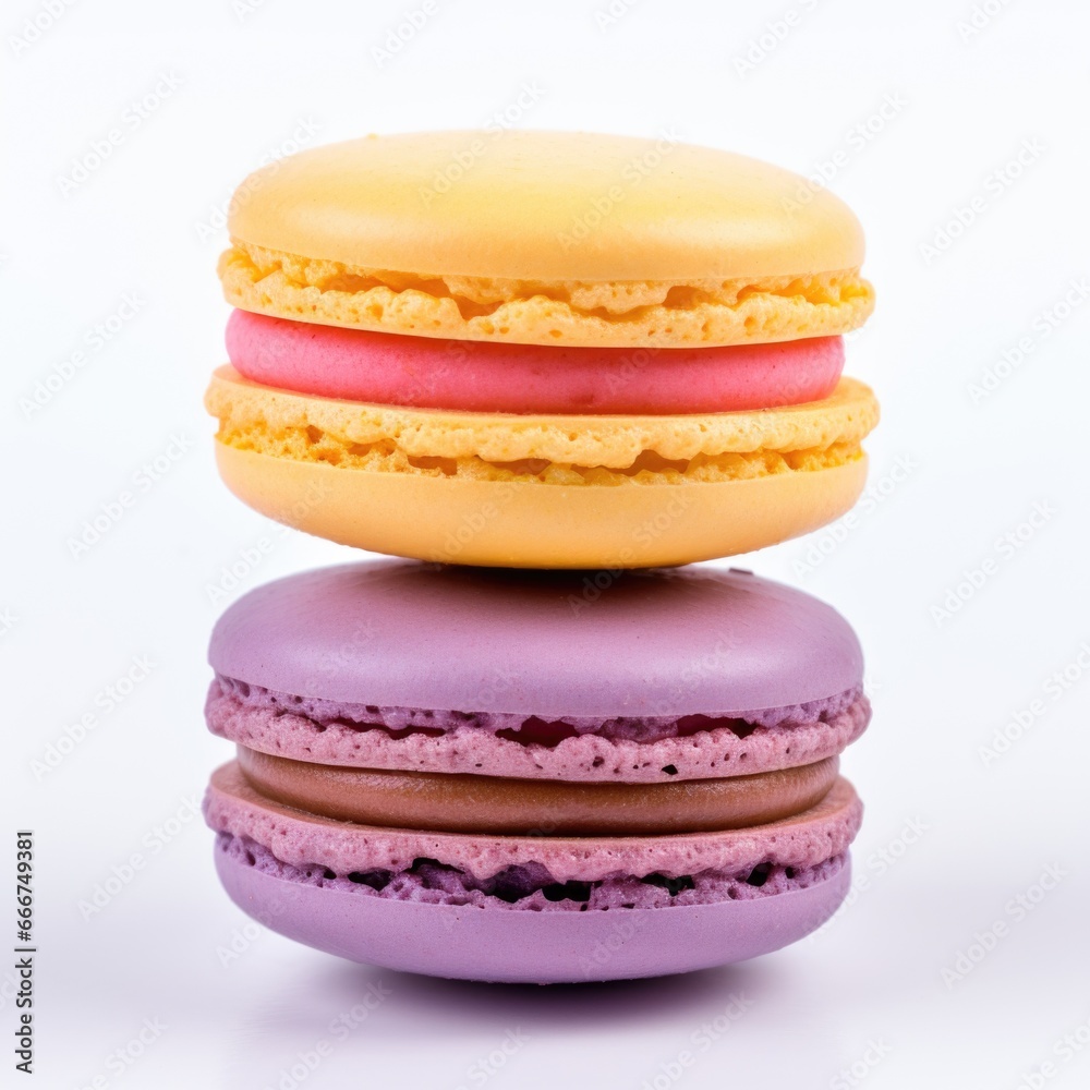 Three macarons stacked on top of each other. Photorealistic, on white background Three macarons stacked on top of each other. Photorealistic, on white background