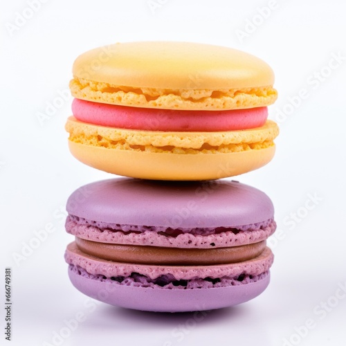 Three macarons stacked on top of each other. Photorealistic, on white background