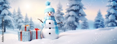 Festive snowman in a winter forest with gift boxes  creating a cheerful and charming holiday scene  full of seasonal joy and surprises  web banner  copy space