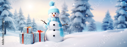 Festive snowman in a winter forest with gift boxes, creating a cheerful and charming holiday scene, full of seasonal joy and surprises, web banner, copy space