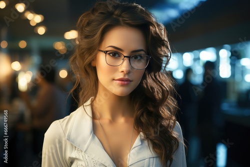 Elegant woman with glasses, radiating beauty amidst a softly lit urban cafe backdrop. © apratim